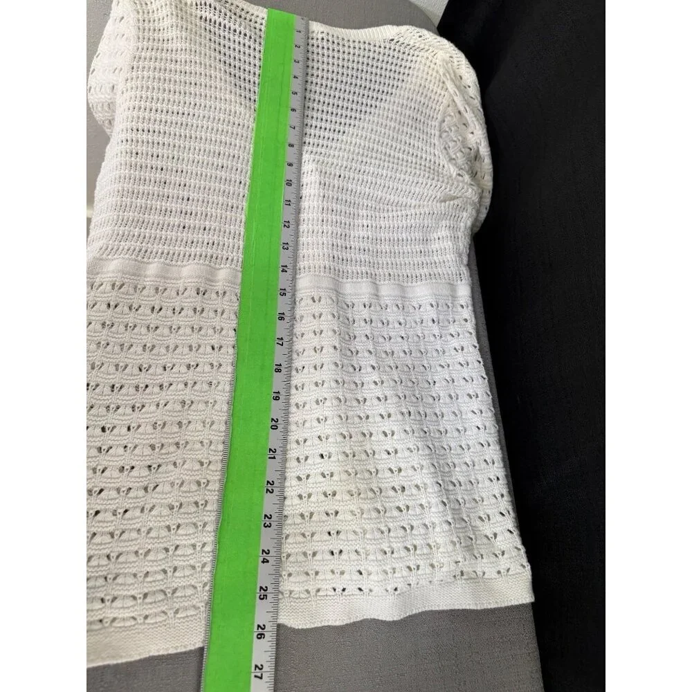 DKNY Women’s Large Cardigan Sweater White Ivory Knit Crochet 3/4 Sleeve cotton